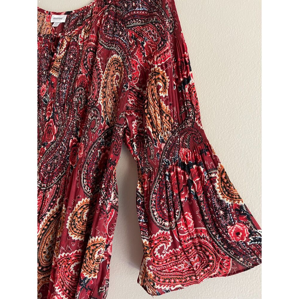 Avenue Red Colorful Boho Top Plus Size 22 24 Pleated Paisley Bell Sleeves - Picture 4 of 10